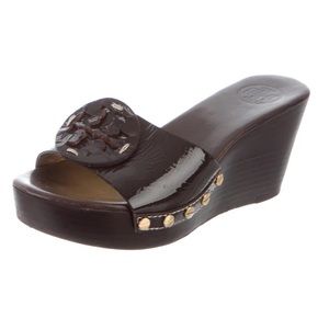 Tory Burch Patent Slide Wedges